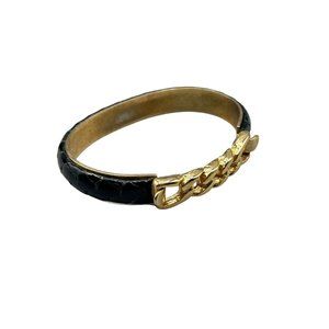 Vintage Snakeskin Black Bracelet Gold Plated Chain Style 80s 90s Costume Jewelry